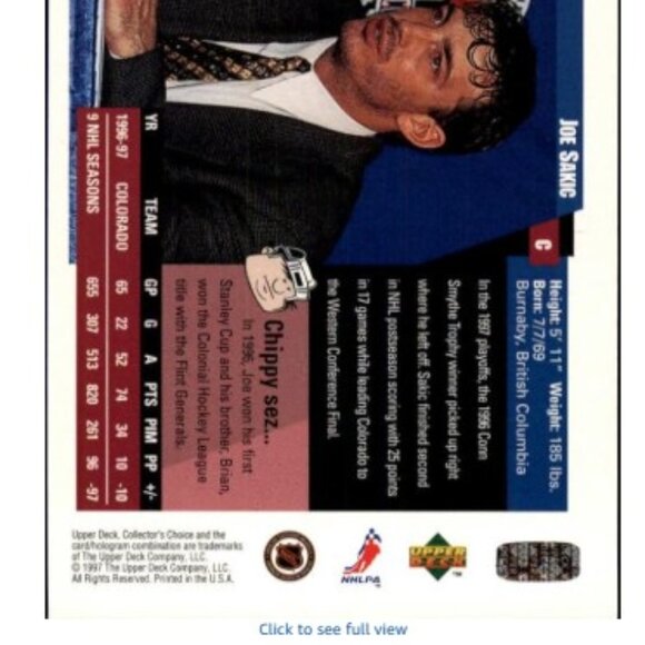 1997 Upper Deck Joe Sakic   *FREE with Bundle Purchase* - Picture 2 of 3